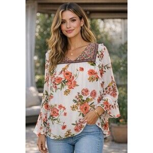 My Danielle Floral Boho Blouse Womens Large V-Neck Bell Sleeve Sheer Peasant